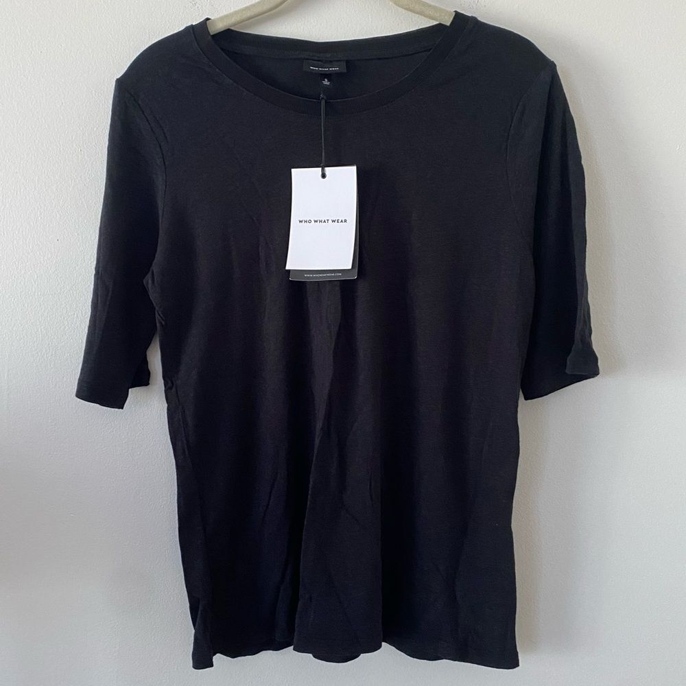 NWT Who What Wear Black Linen Rayon Half Sleeve Tee Shirt Size S